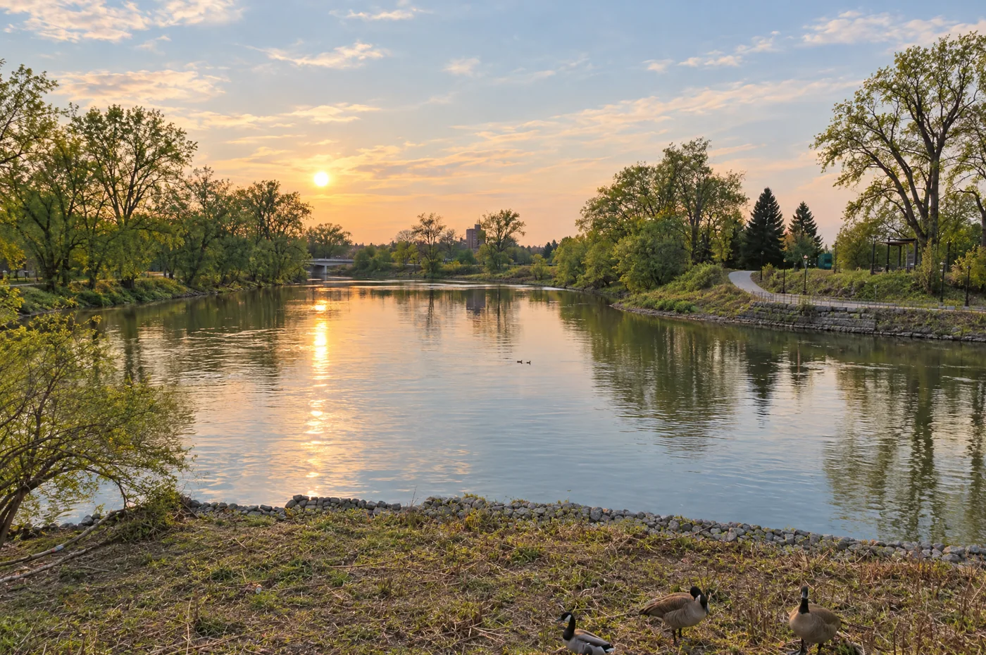 The Forks of the Thames looking west from Ivey Park, downtown London, Ontario
