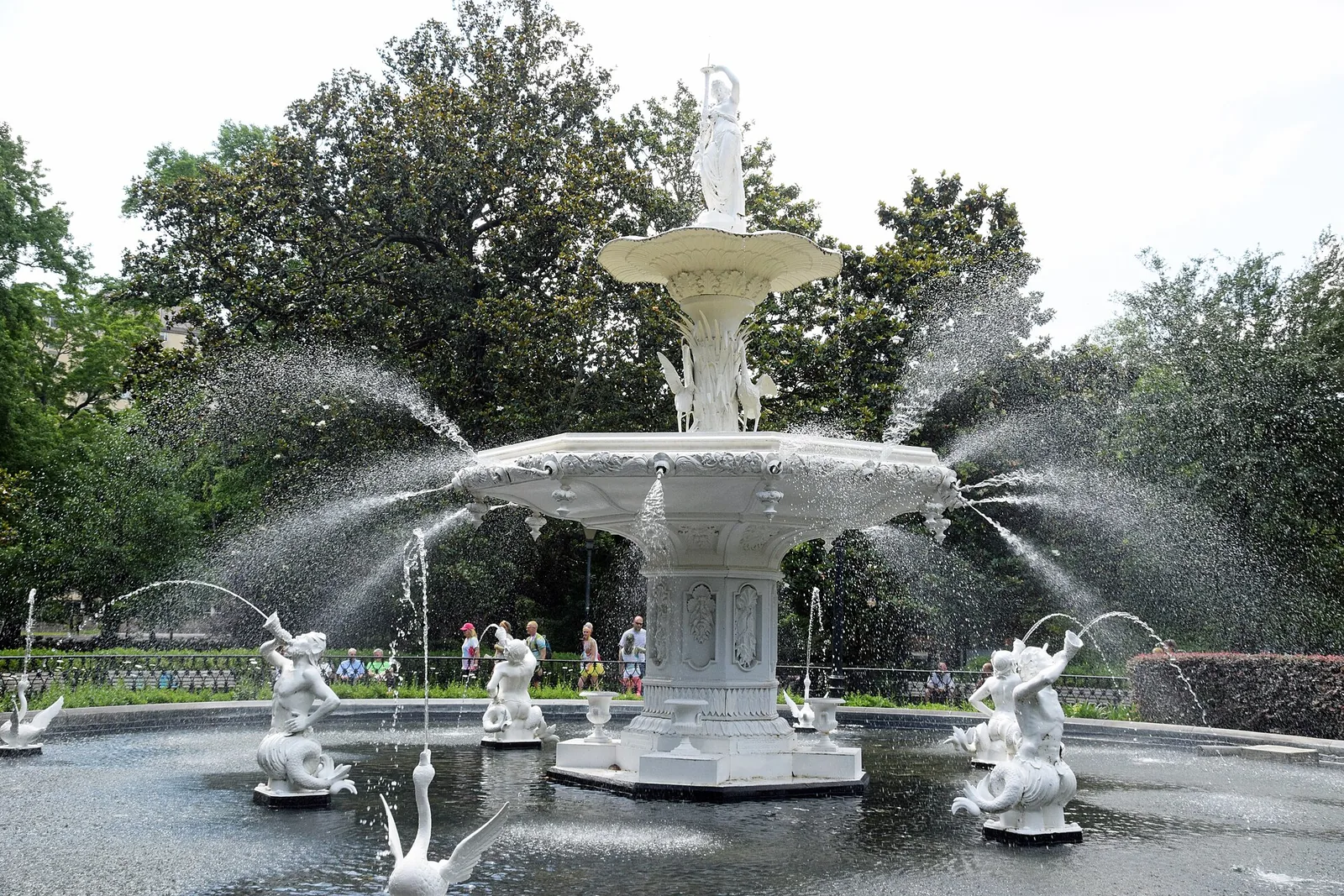 The white cast-iron fountain in Forsyth Park, Savannah, Georgia