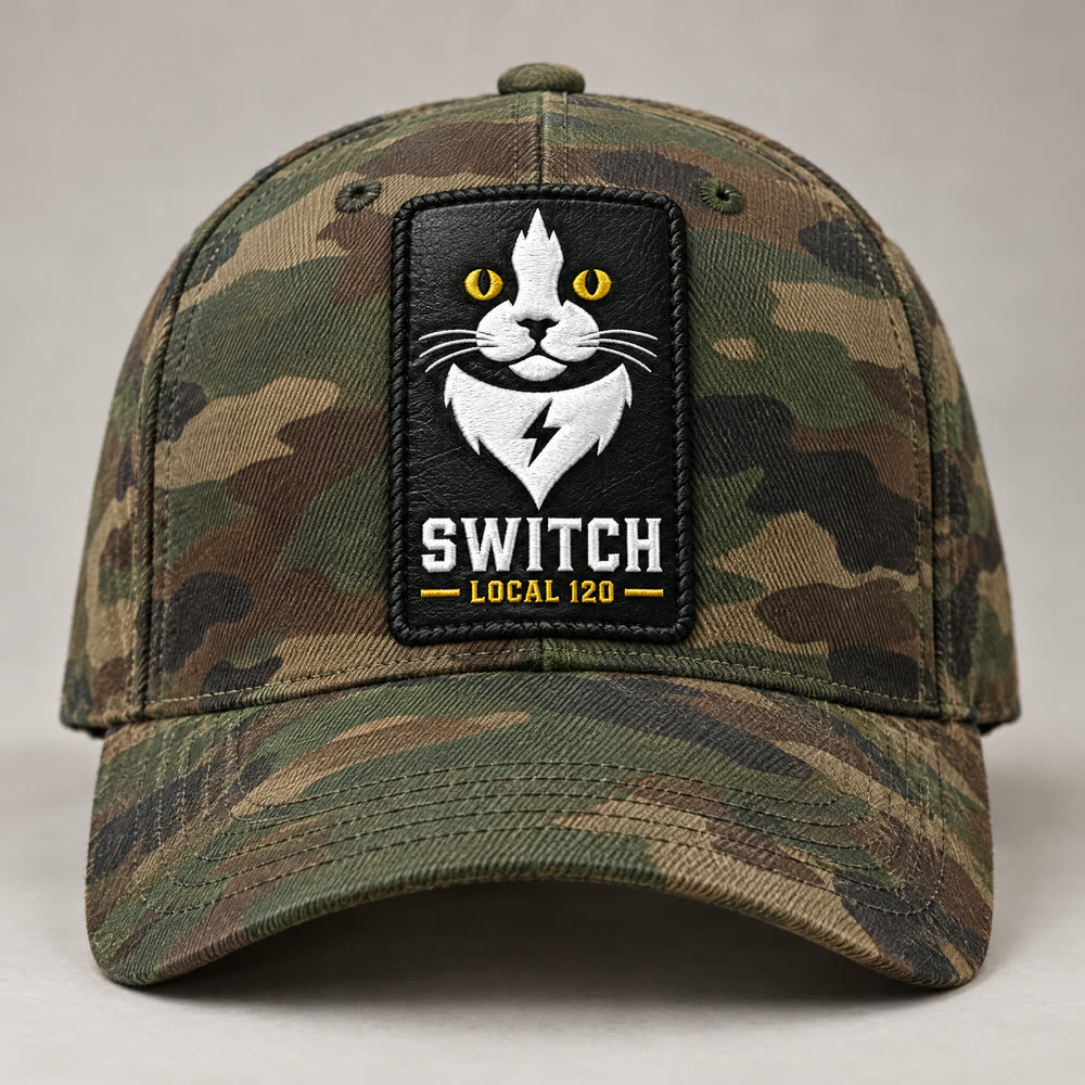 Structured woodland-camo cap with the Switch leather patch