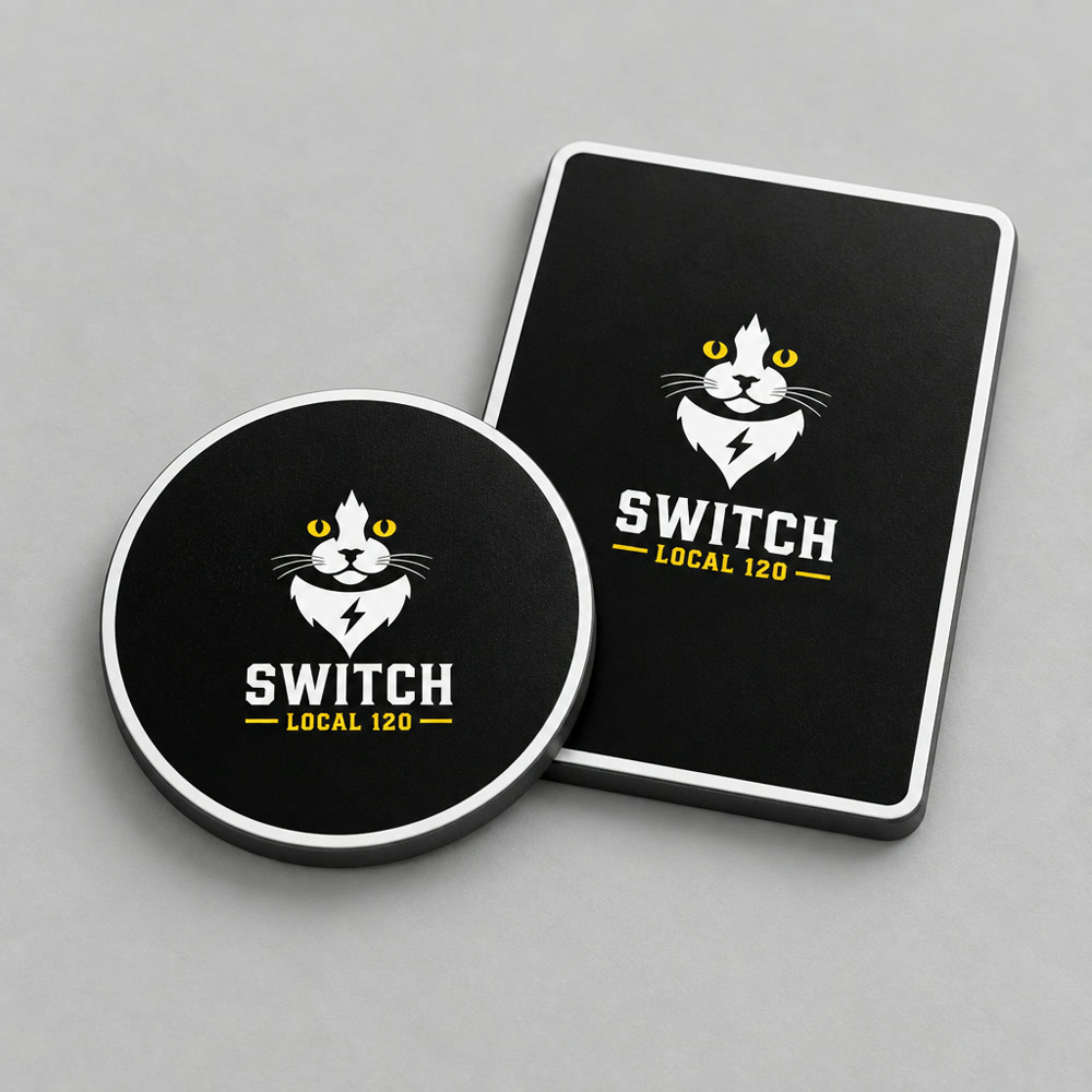 Switch Local 120 fridge magnets, 2-inch round and 3-inch rectangle
