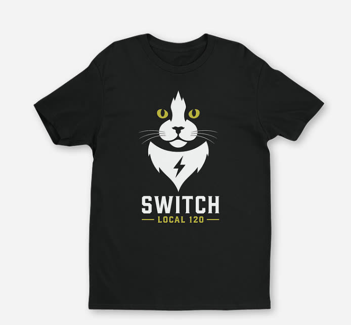 Black t-shirt with the Switch Local 120 logo